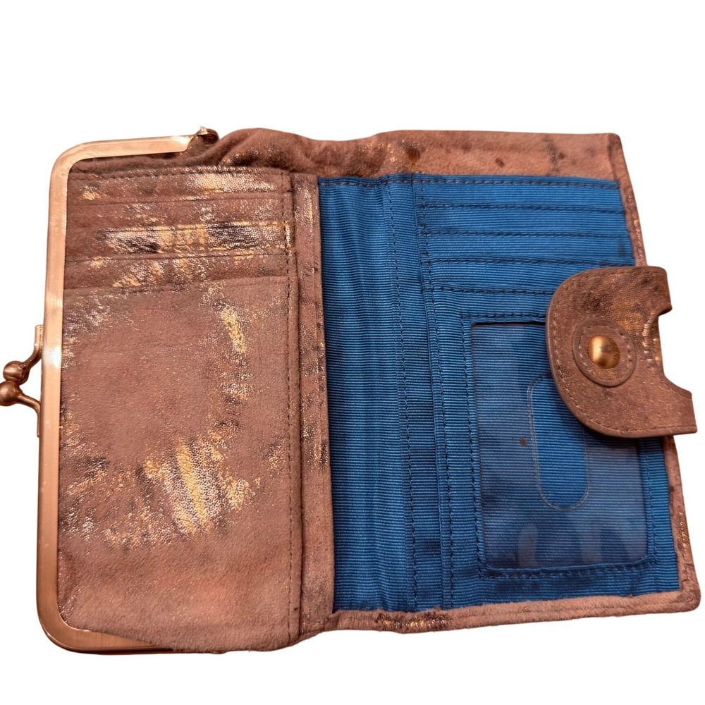 Hobo Lauren Distressed Metallic Gold Suede Kisslock Wallet Taupe - Picture 3 of 5